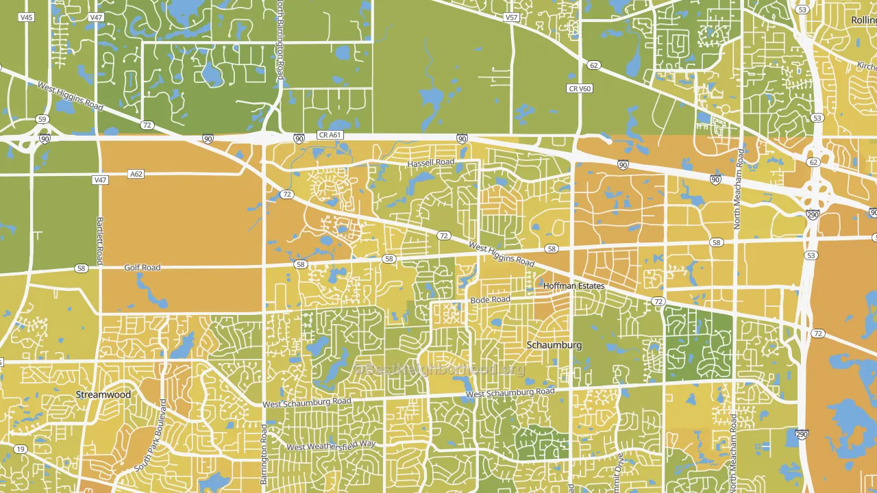 Map of the best neighborhoods in the 60169 area, with better matches in green and worse matches in red