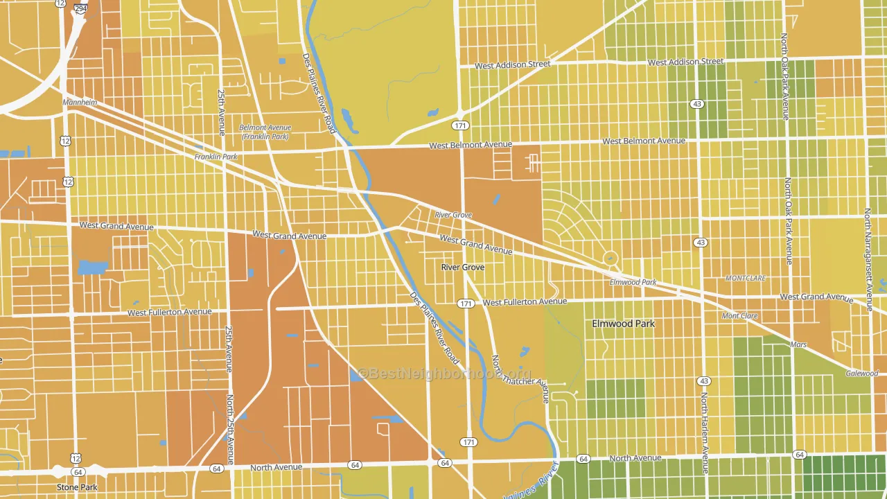 Map of the best neighborhoods in the 60171 area, with better matches in green and worse matches in red