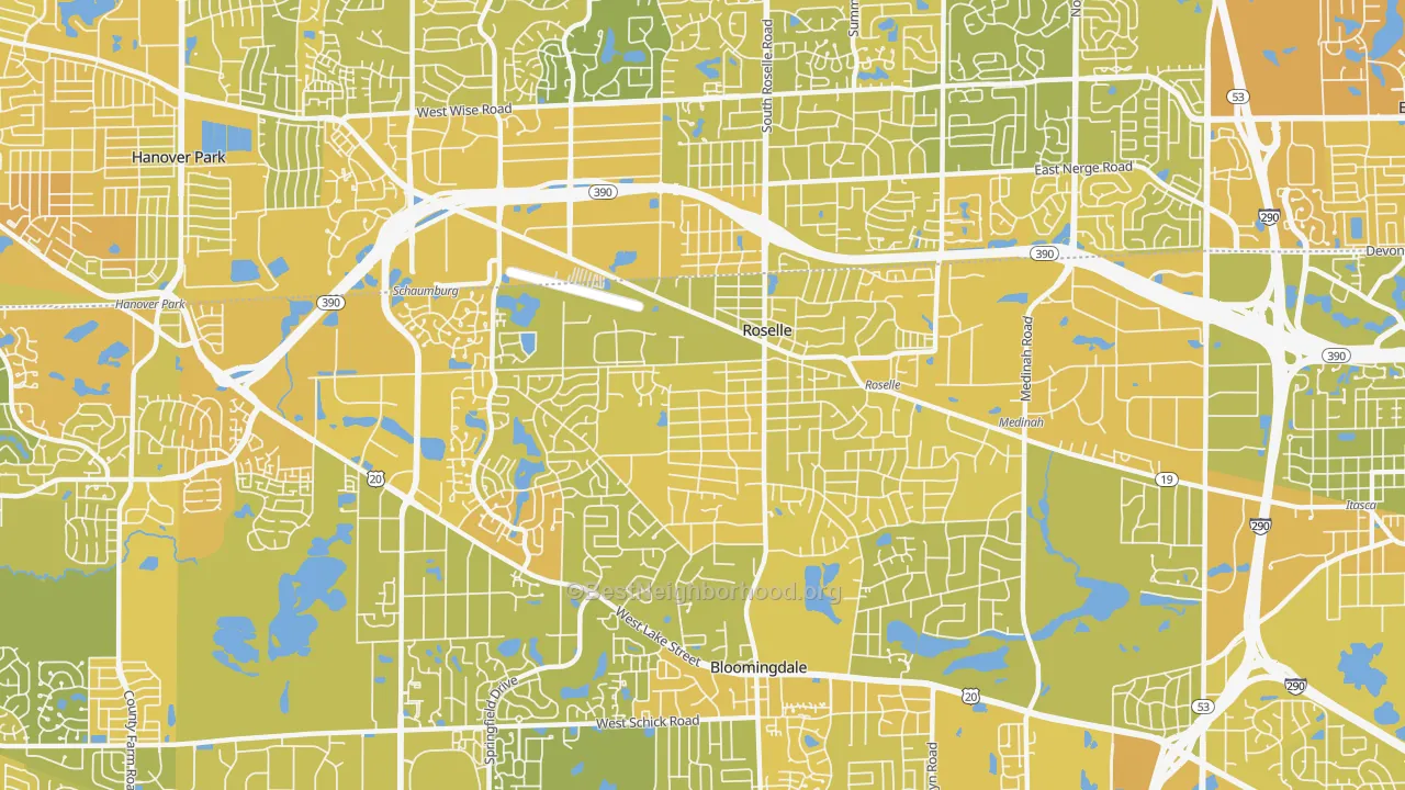 Map of the best neighborhoods in the 60172 area, with better matches in green and worse matches in red
