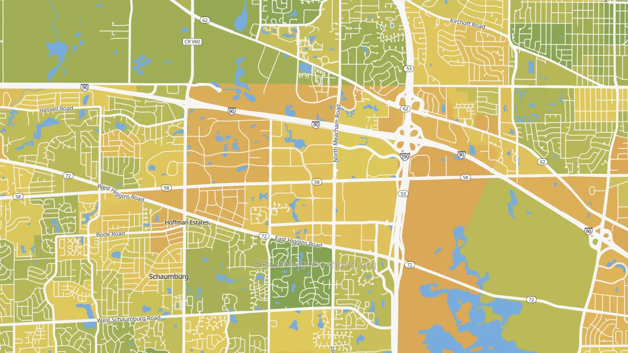 Map of the best neighborhoods in the 60173 area, with better matches in green and worse matches in red
