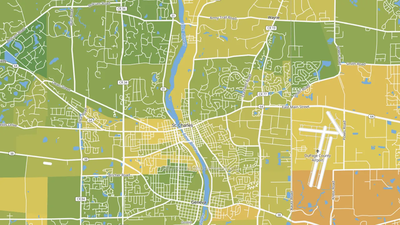 Map of the best neighborhoods in the 60174 area, with better matches in green and worse matches in red