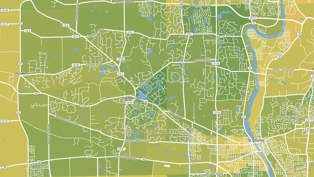 Map of the best neighborhoods in the 60175 area, with better matches in green and worse matches in red
