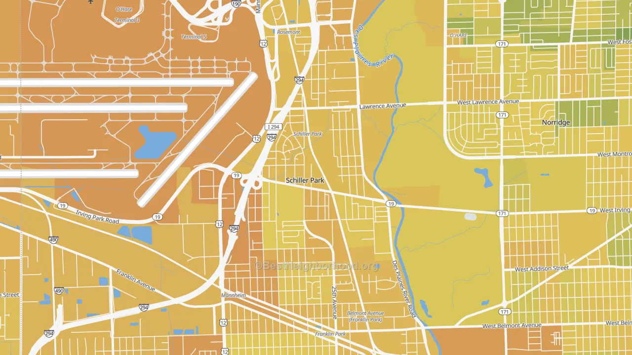 Map of the best neighborhoods in the 60176 area, with better matches in green and worse matches in red