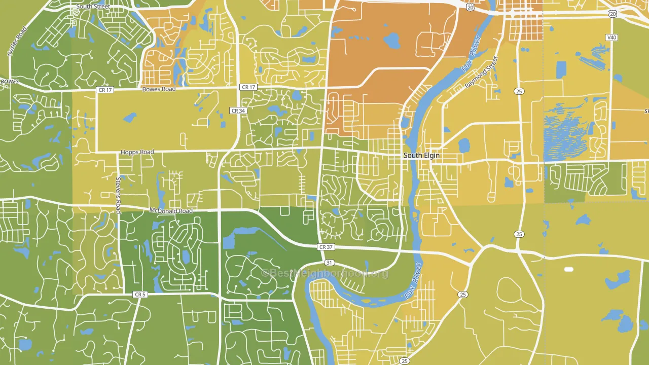 Map of the best neighborhoods in the 60177 area, with better matches in green and worse matches in red