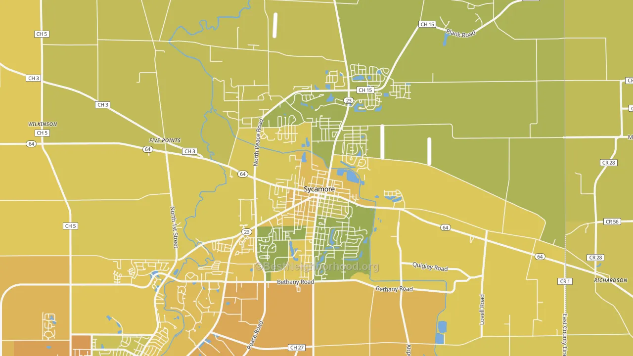 Map of the best neighborhoods in the 60178 area, with better matches in green and worse matches in red