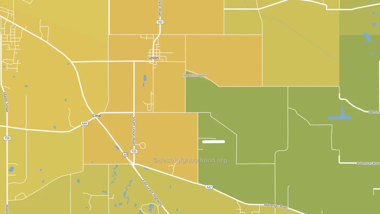 Map of the best neighborhoods in the 60180 area, with better matches in green and worse matches in red