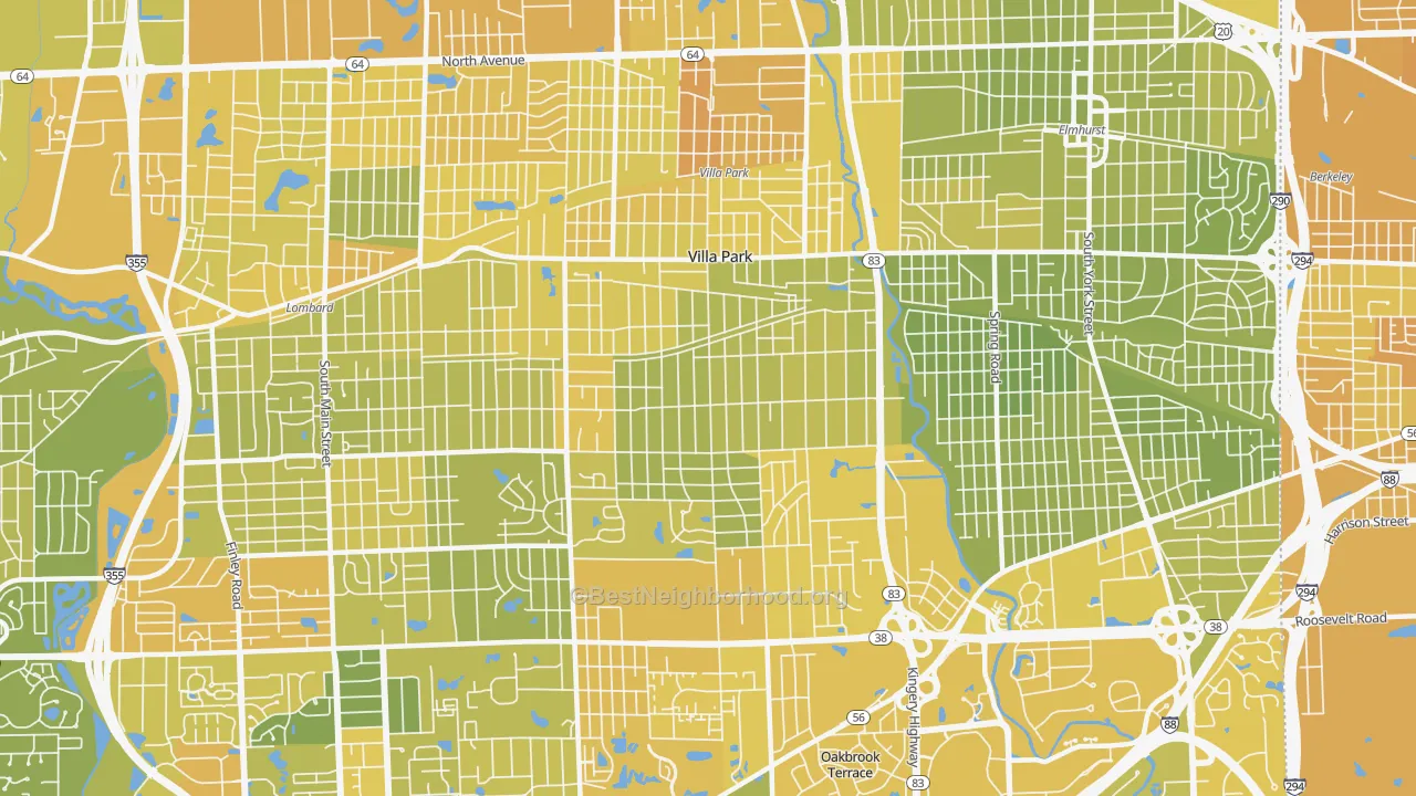 Map of the best neighborhoods in the 60181 area, with better matches in green and worse matches in red