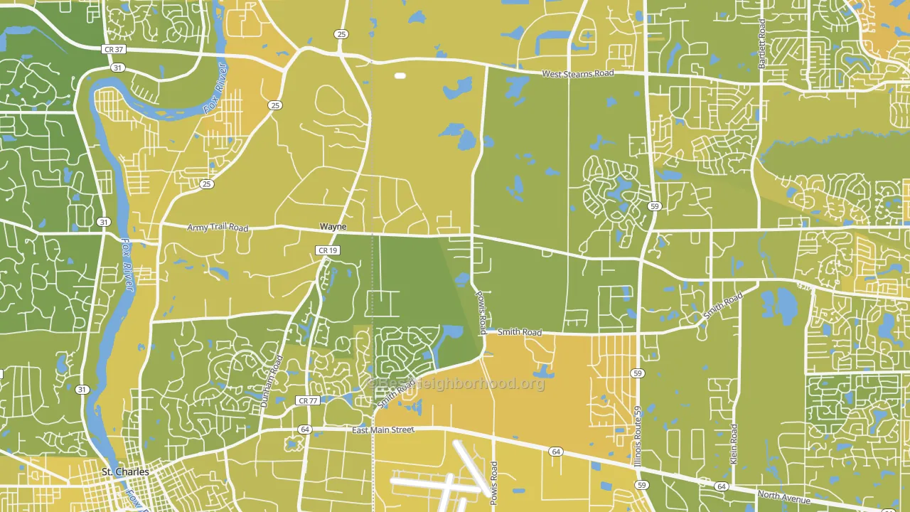 Map of the best neighborhoods in the 60184 area, with better matches in green and worse matches in red