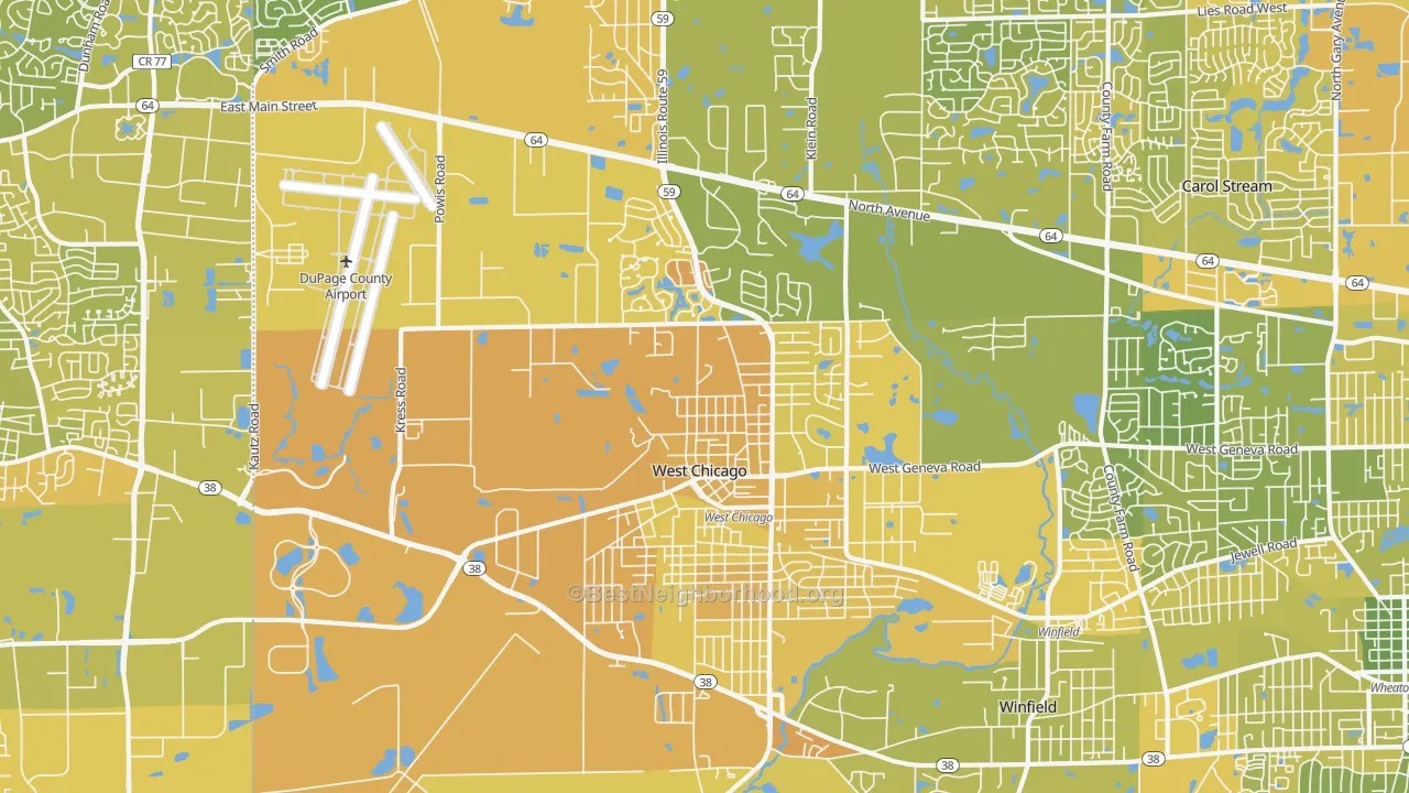 Map of the best neighborhoods in the 60185 area, with better matches in green and worse matches in red