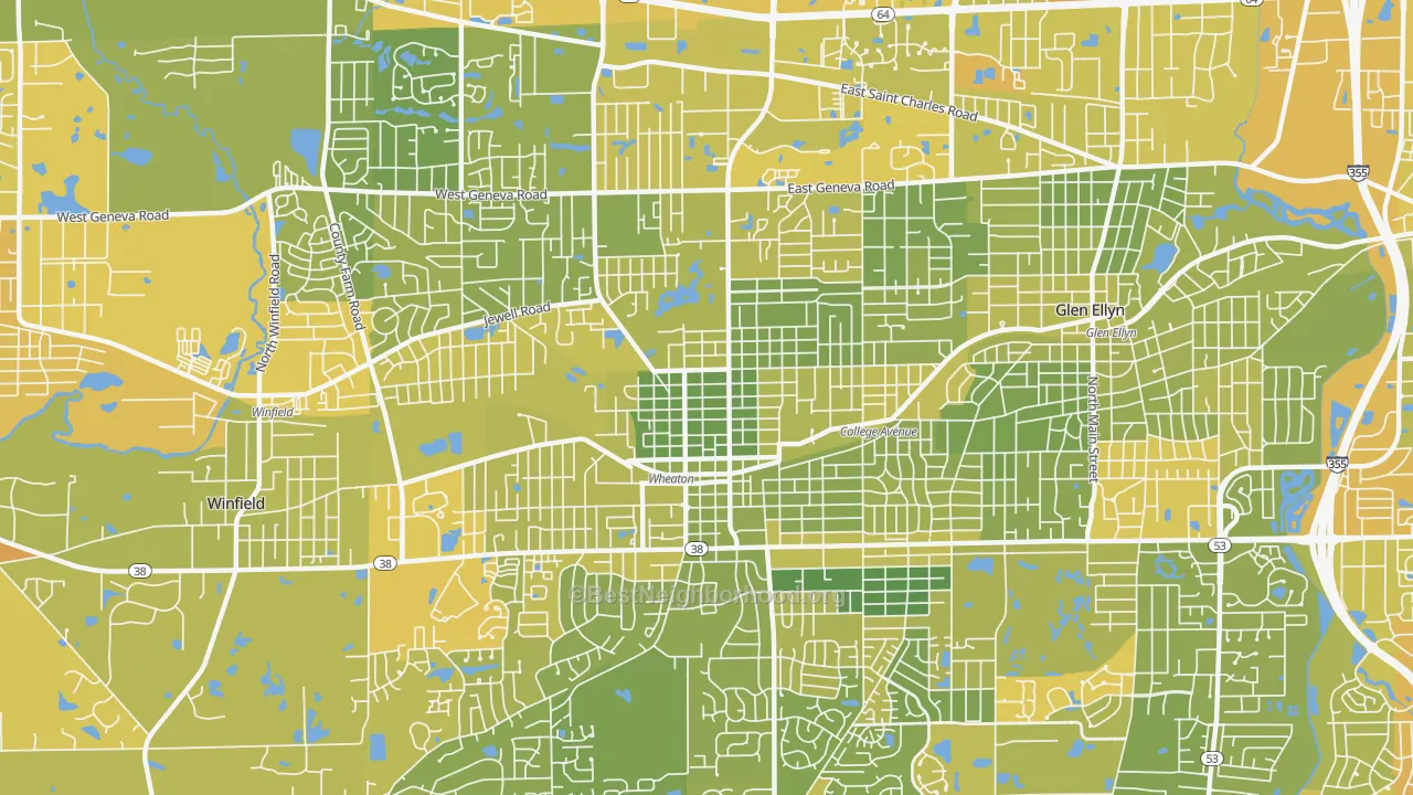 Map of the best neighborhoods in the 60187 area, with better matches in green and worse matches in red