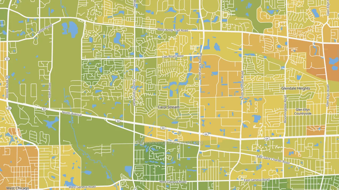 Map of the best neighborhoods in the 60188 area, with better matches in green and worse matches in red