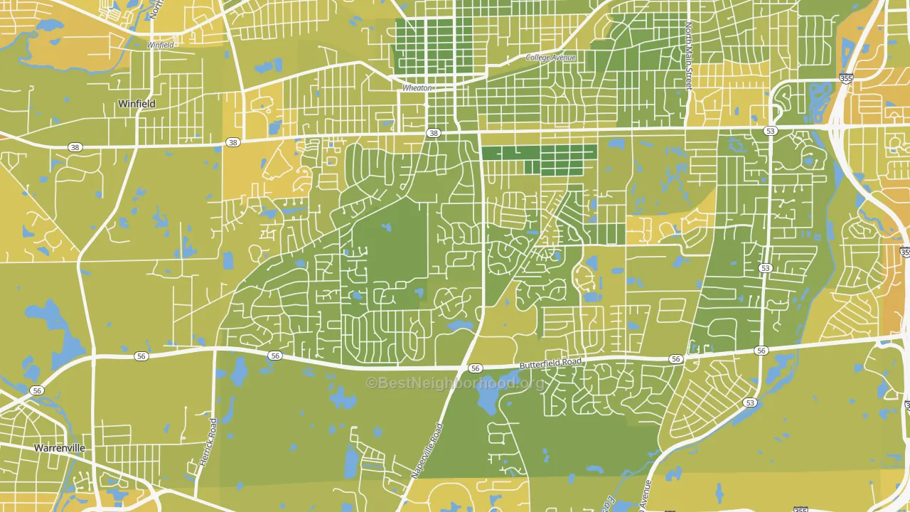 Map of the best neighborhoods in the 60189 area, with better matches in green and worse matches in red