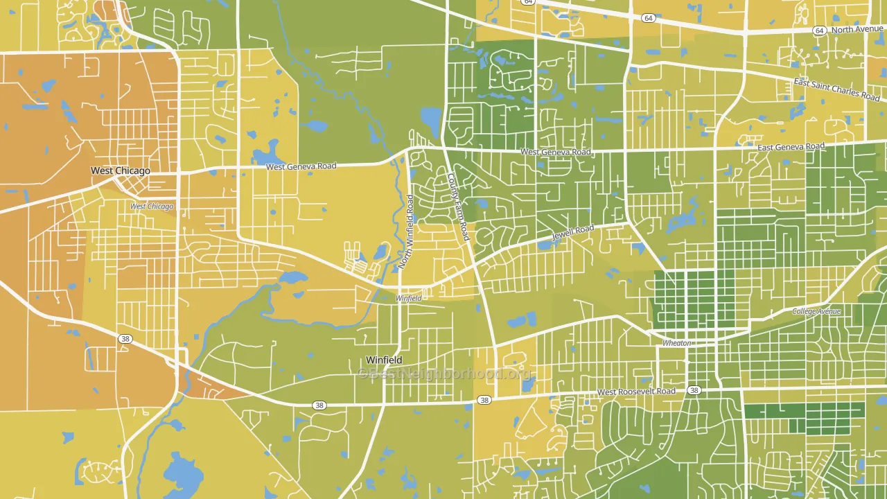 Map of the best neighborhoods in the 60190 area, with better matches in green and worse matches in red