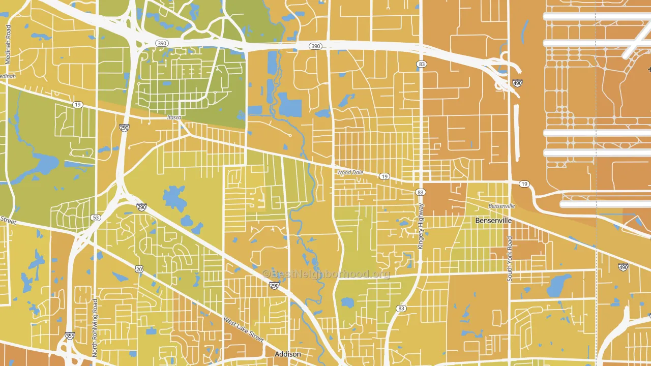 Map of the best neighborhoods in the 60191 area, with better matches in green and worse matches in red