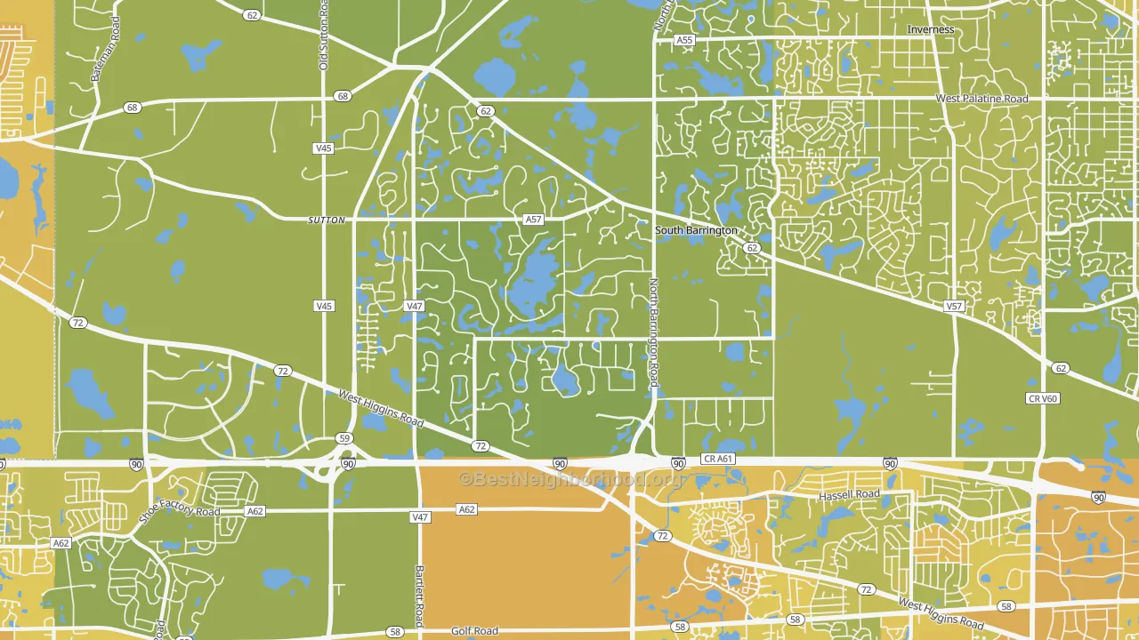 Map of the best neighborhoods in the 60192 area, with better matches in green and worse matches in red