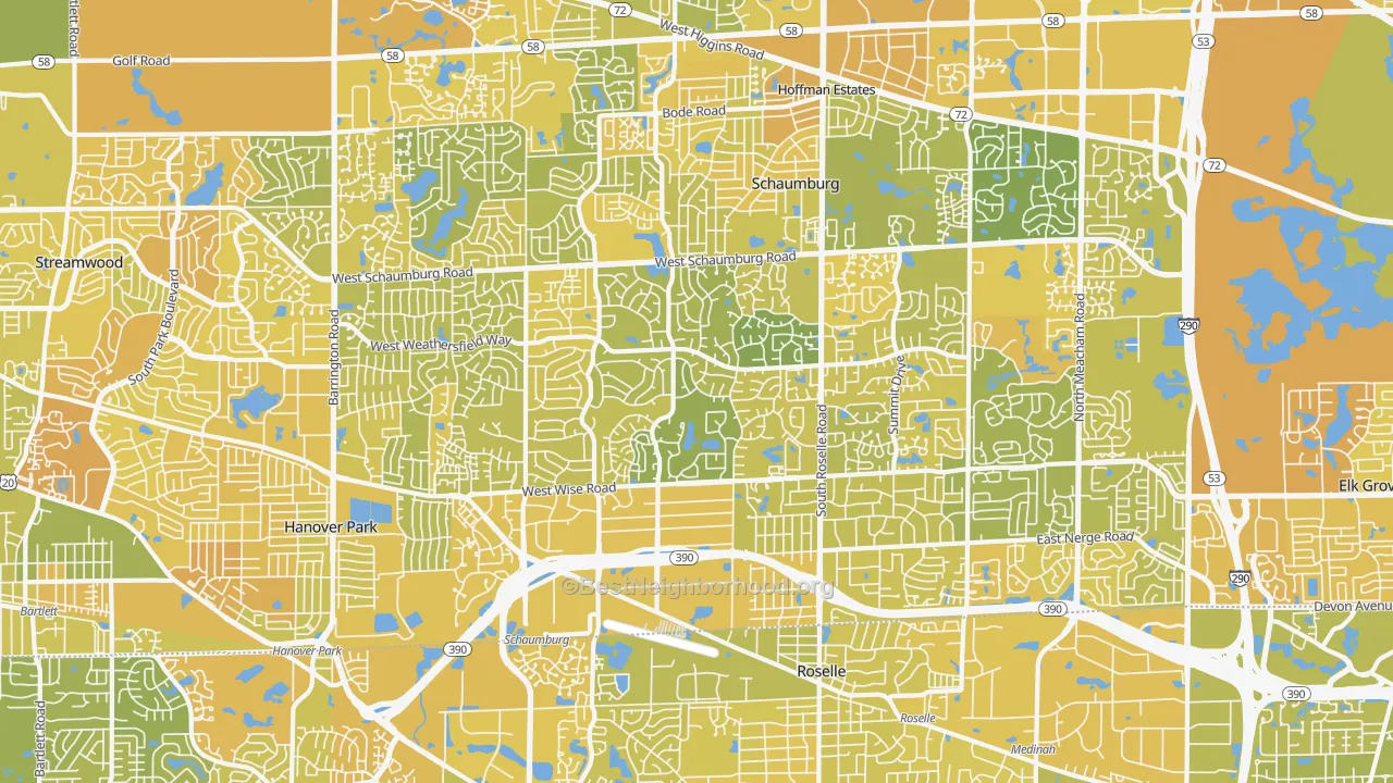 Map of the best neighborhoods in the 60193 area, with better matches in green and worse matches in red