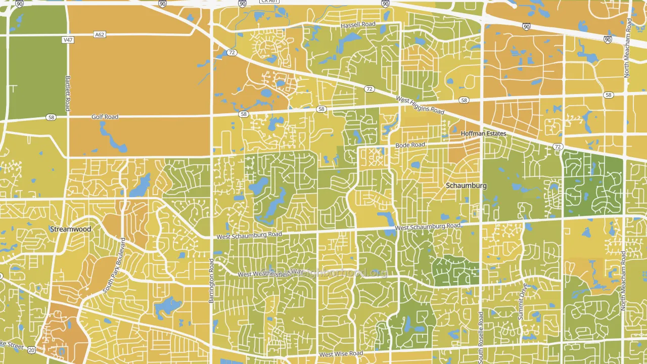 Map of the best neighborhoods in the 60194 area, with better matches in green and worse matches in red
