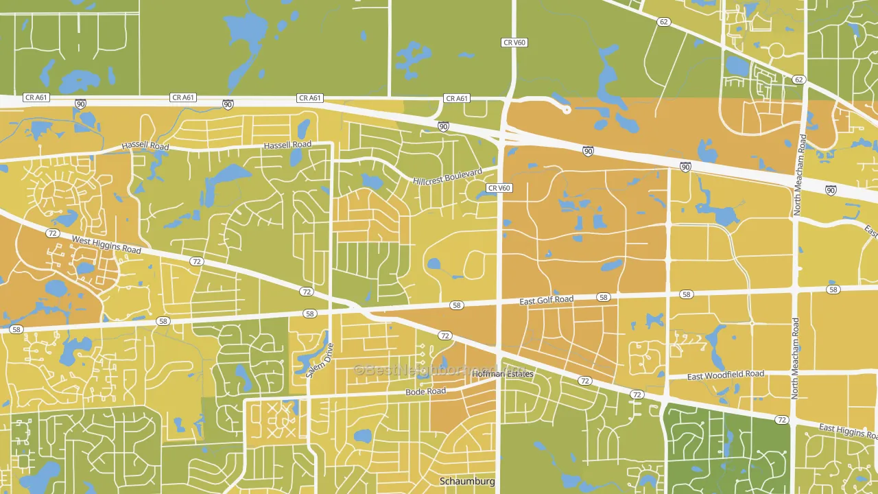 Map of the best neighborhoods in the 60195 area, with better matches in green and worse matches in red