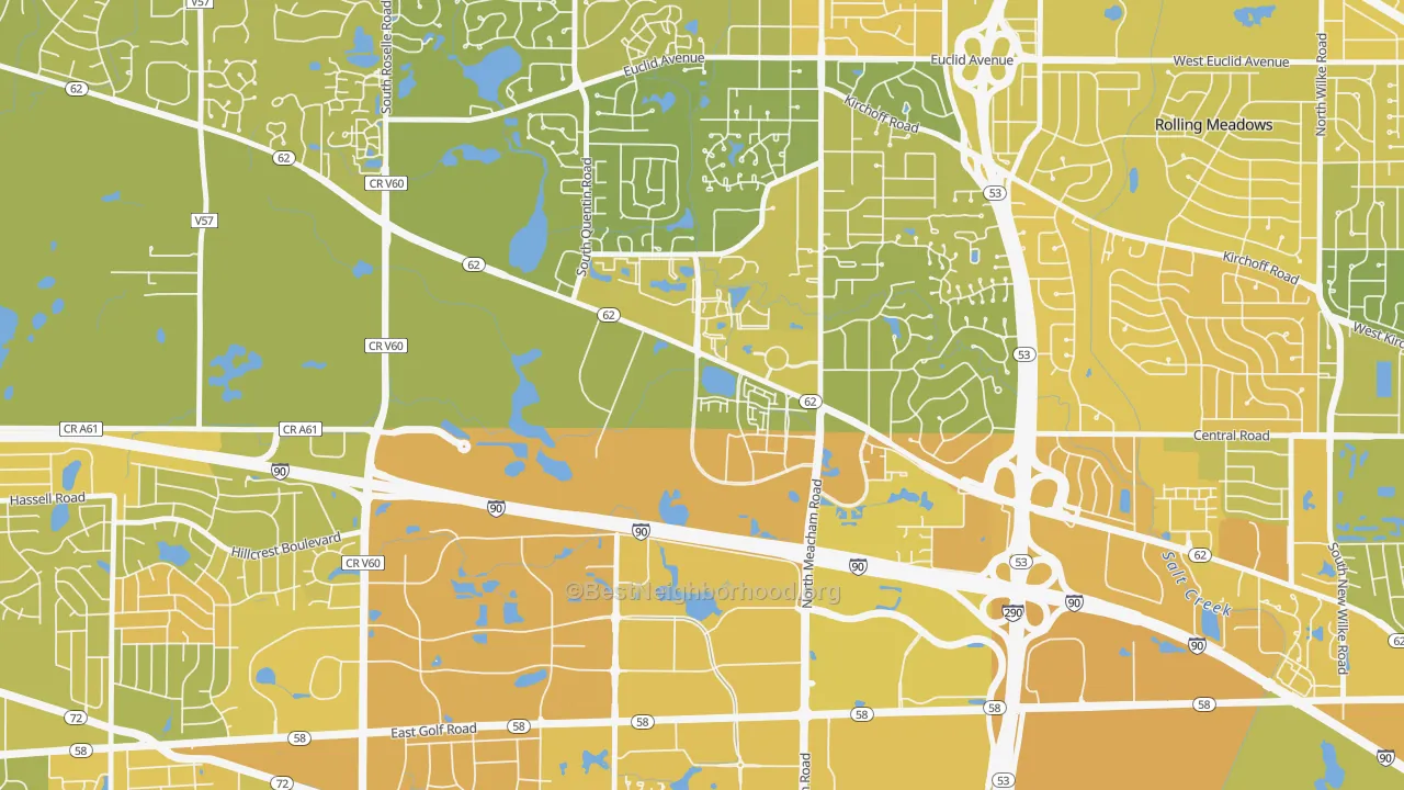 Map of the best neighborhoods in the 60196 area, with better matches in green and worse matches in red