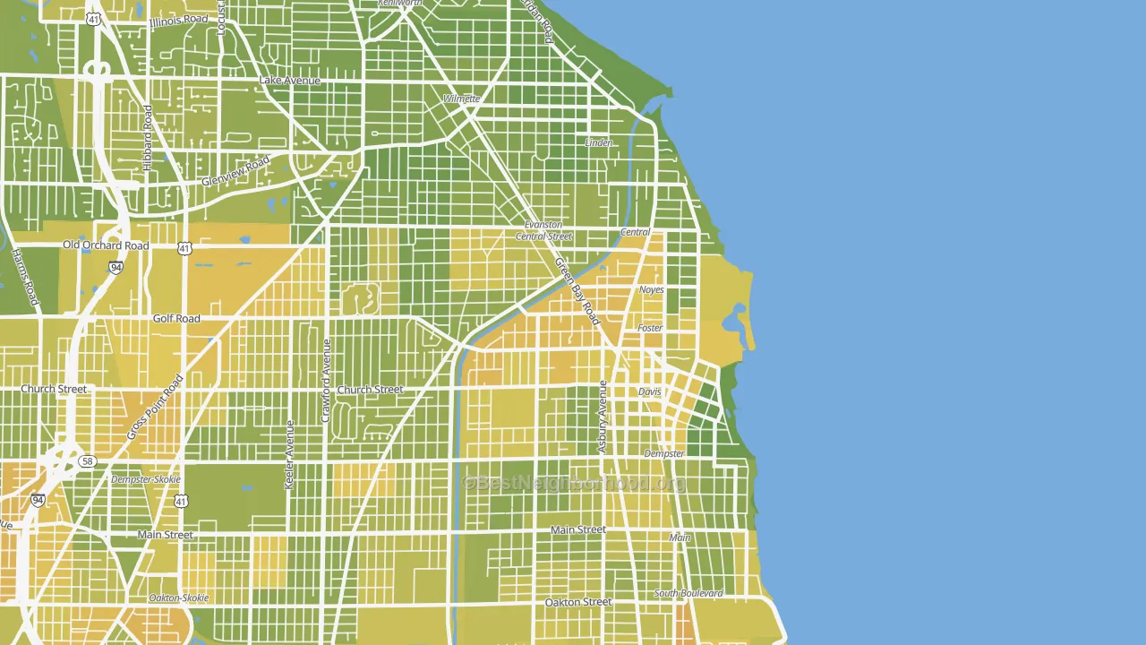 Map of the best neighborhoods in the 60201 area, with better matches in green and worse matches in red