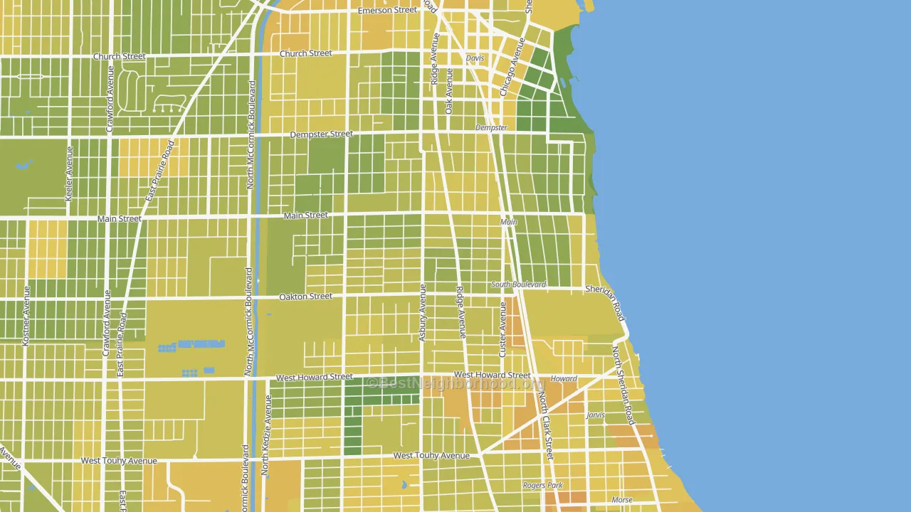 Map of the best neighborhoods in the 60202 area, with better matches in green and worse matches in red