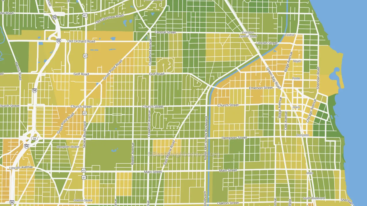 Map of the best neighborhoods in the 60203 area, with better matches in green and worse matches in red