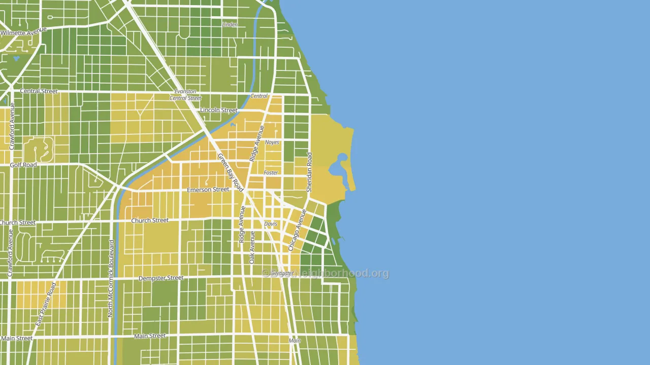 Map of the best neighborhoods in the 60208 area, with better matches in green and worse matches in red