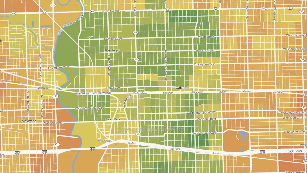 Map of the best neighborhoods in the 60301 area, with better matches in green and worse matches in red