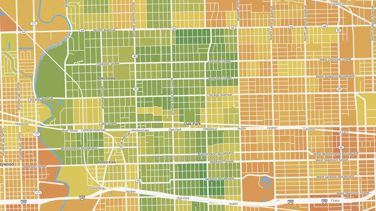Map of the best neighborhoods in the 60302 area, with better matches in green and worse matches in red