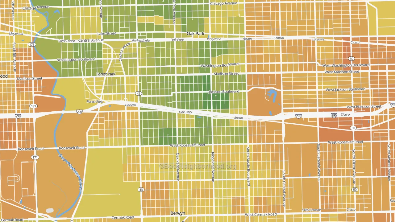 Map of the best neighborhoods in the 60304 area, with better matches in green and worse matches in red
