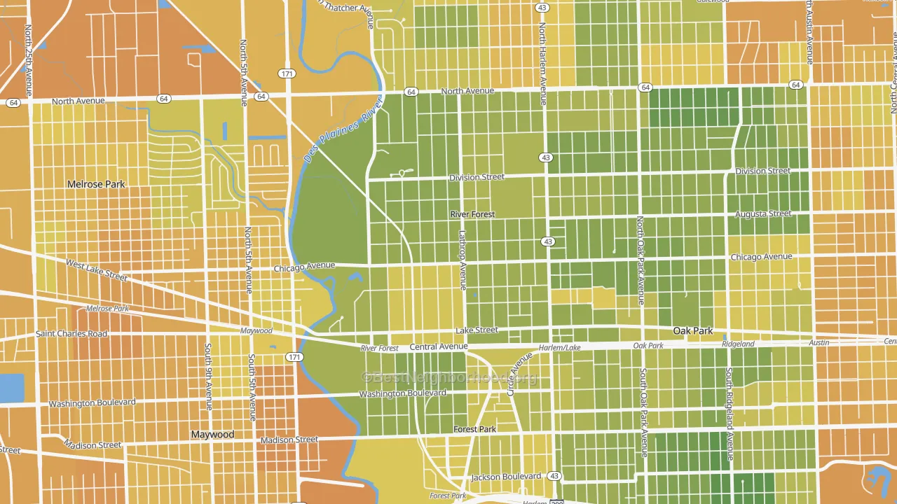 Map of the best neighborhoods in the 60305 area, with better matches in green and worse matches in red