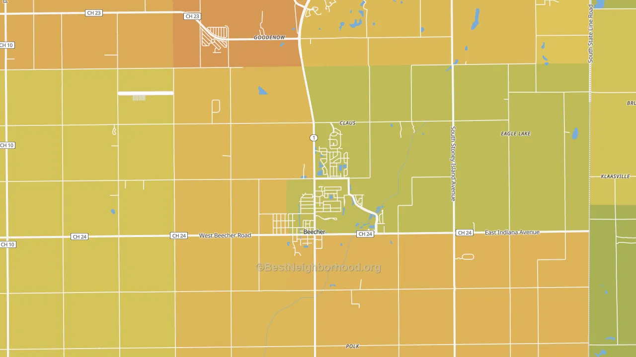 Map of the best neighborhoods in the 60401 area, with better matches in green and worse matches in red