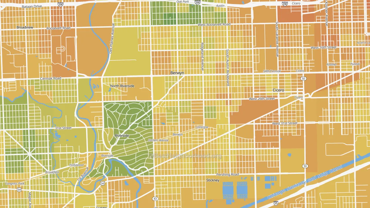 Map of the best neighborhoods in the 60402 area, with better matches in green and worse matches in red