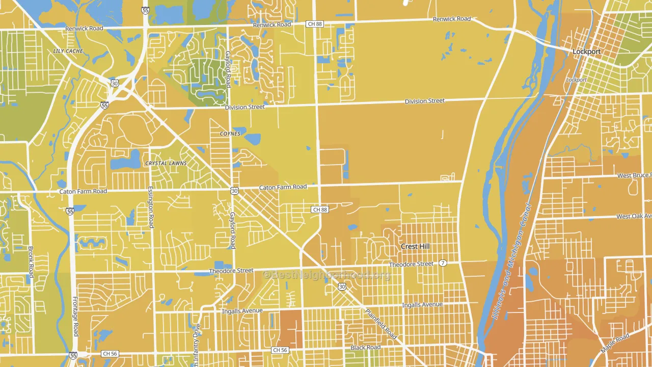 Map of the best neighborhoods in the 60403 area, with better matches in green and worse matches in red