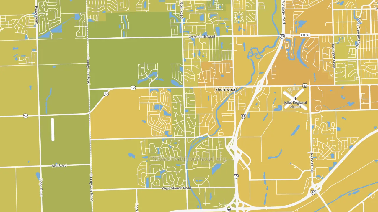Map of the best neighborhoods in the 60404 area, with better matches in green and worse matches in red