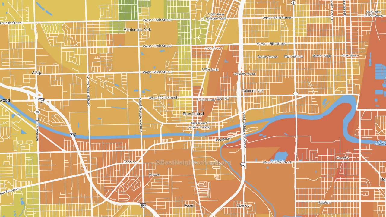 Map of the best neighborhoods in the 60406 area, with better matches in green and worse matches in red