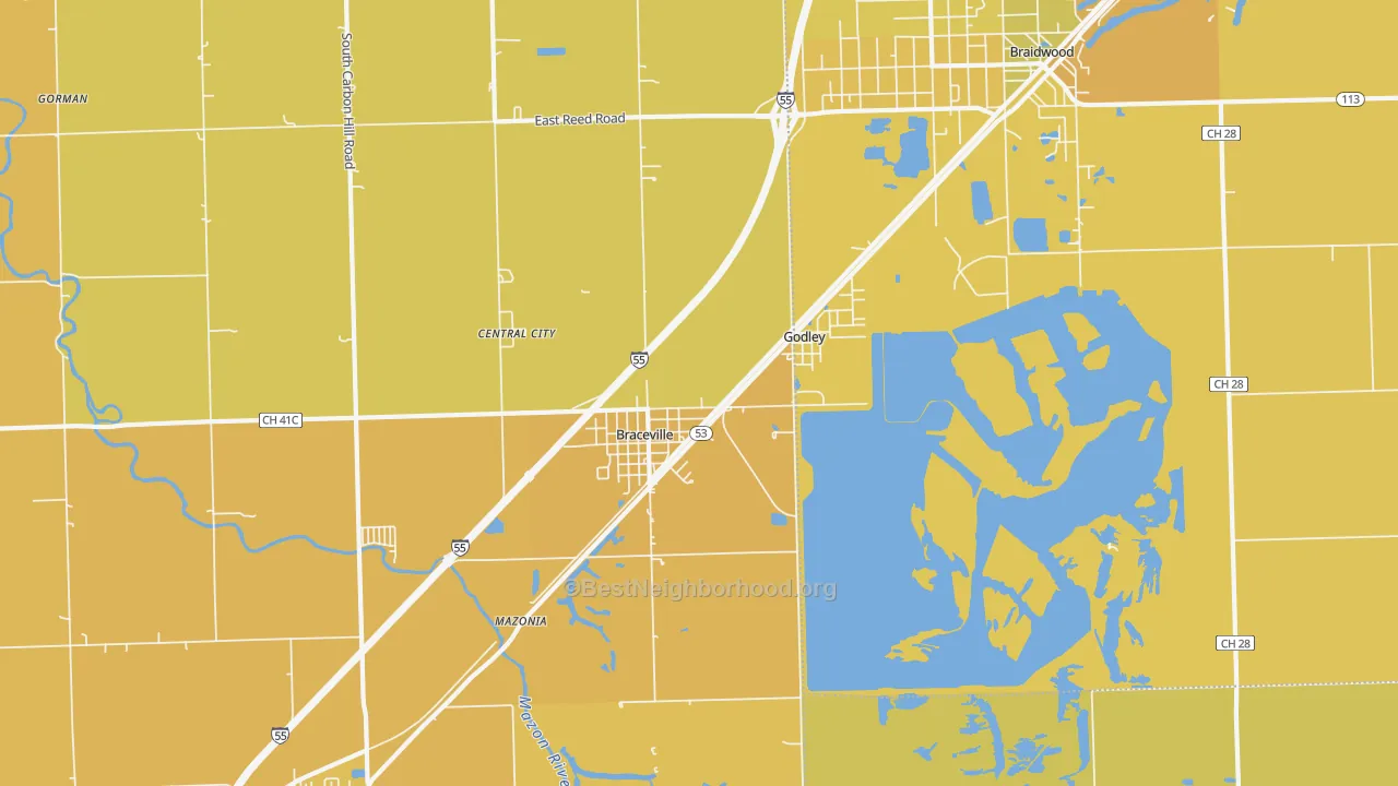 Map of the best neighborhoods in the 60407 area, with better matches in green and worse matches in red