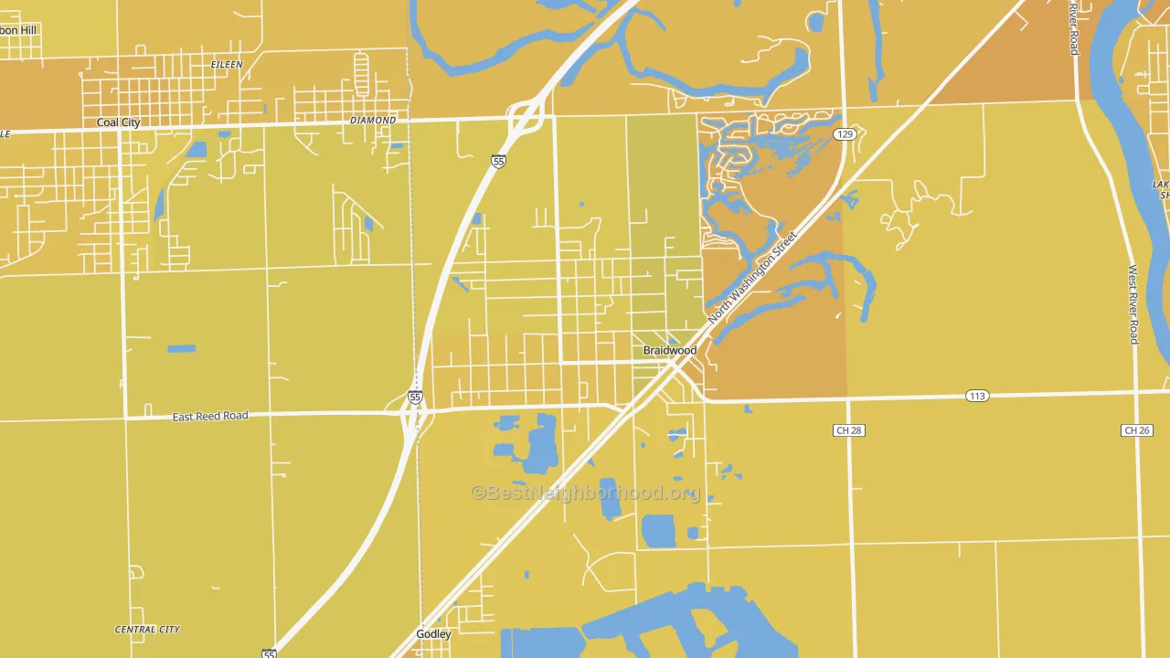 Map of the best neighborhoods in the 60408 area, with better matches in green and worse matches in red