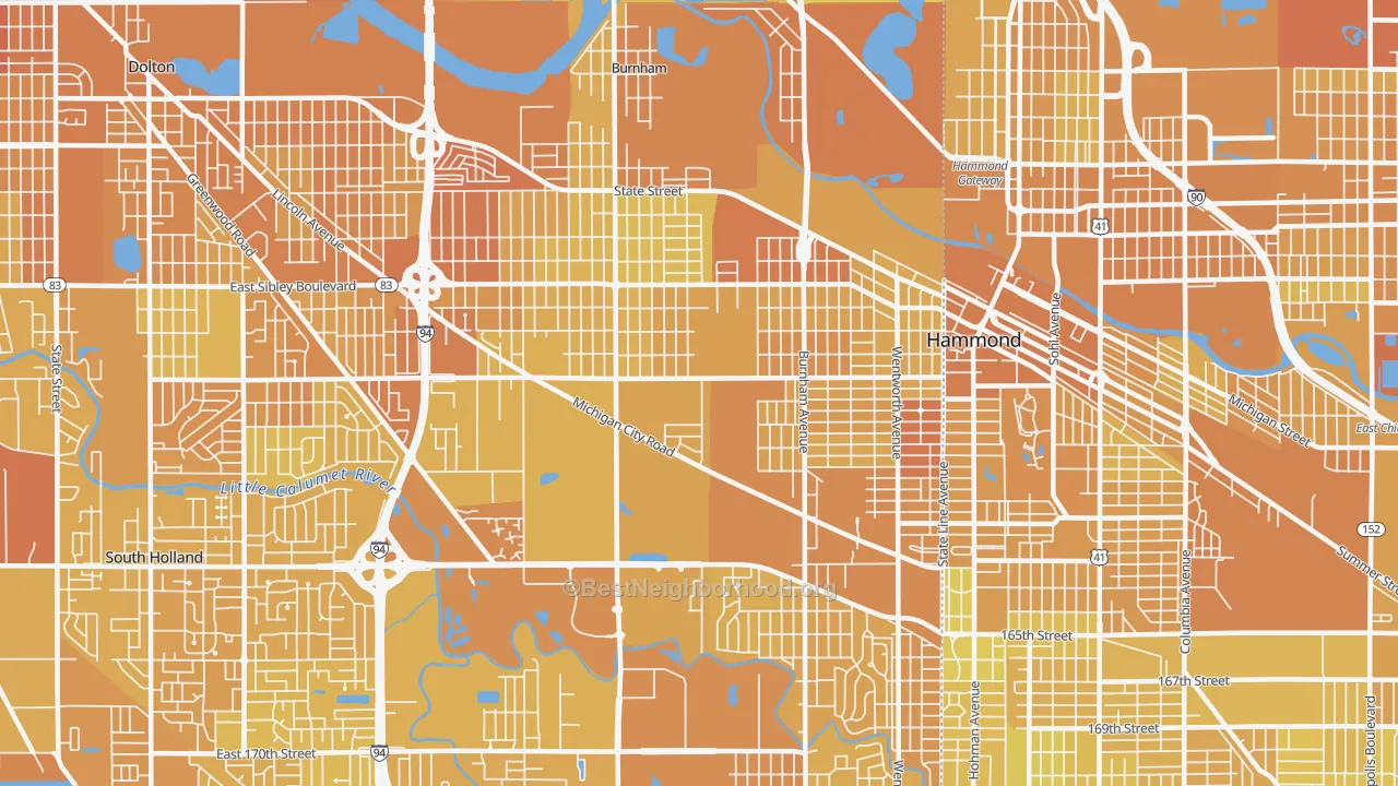 Map of the best neighborhoods in the 60409 area, with better matches in green and worse matches in red