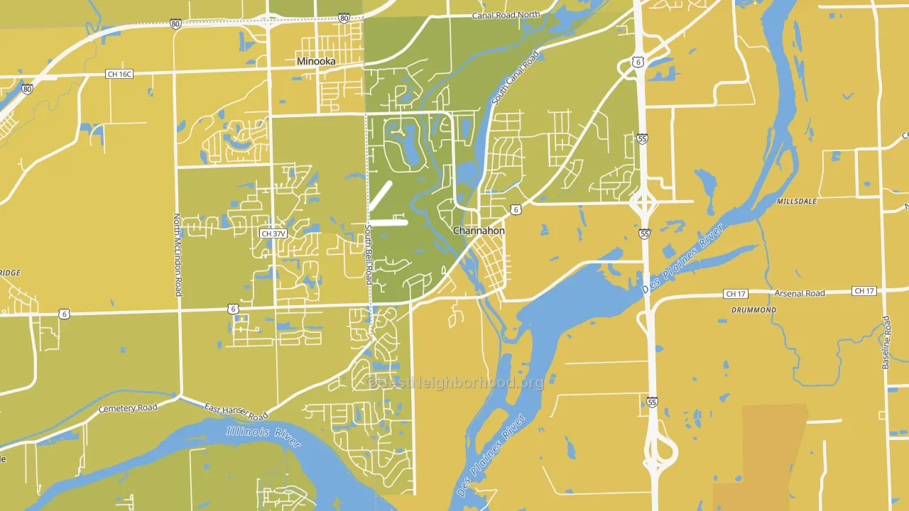 Map of the best neighborhoods in the 60410 area, with better matches in green and worse matches in red