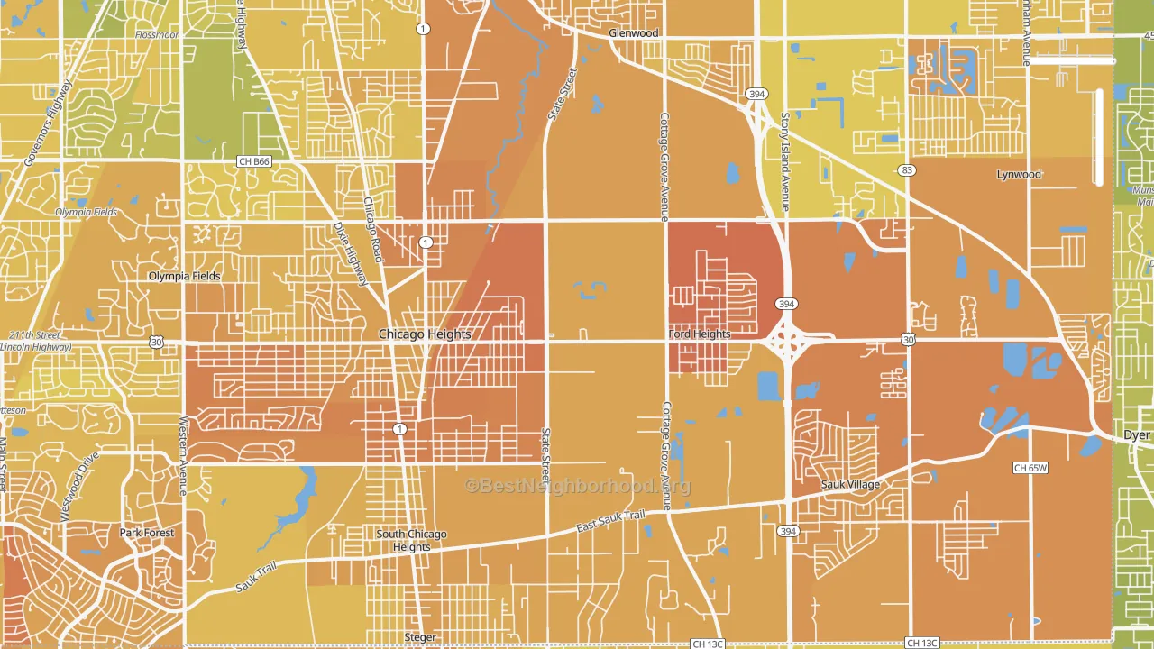 Map of the best neighborhoods in the 60411 area, with better matches in green and worse matches in red
