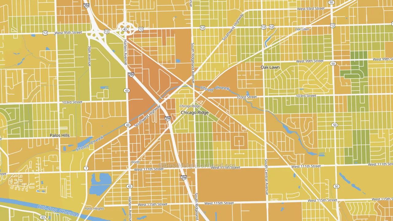 Map of the best neighborhoods in the 60415 area, with better matches in green and worse matches in red
