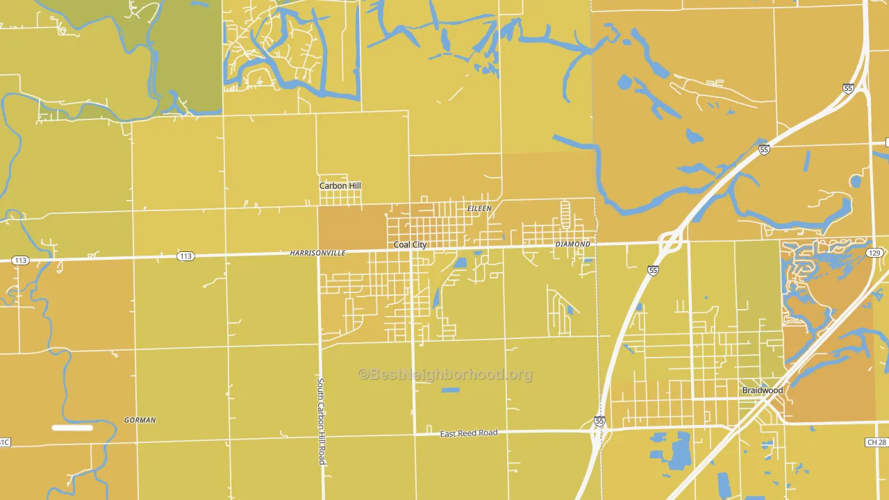 Map of the best neighborhoods in the 60416 area, with better matches in green and worse matches in red