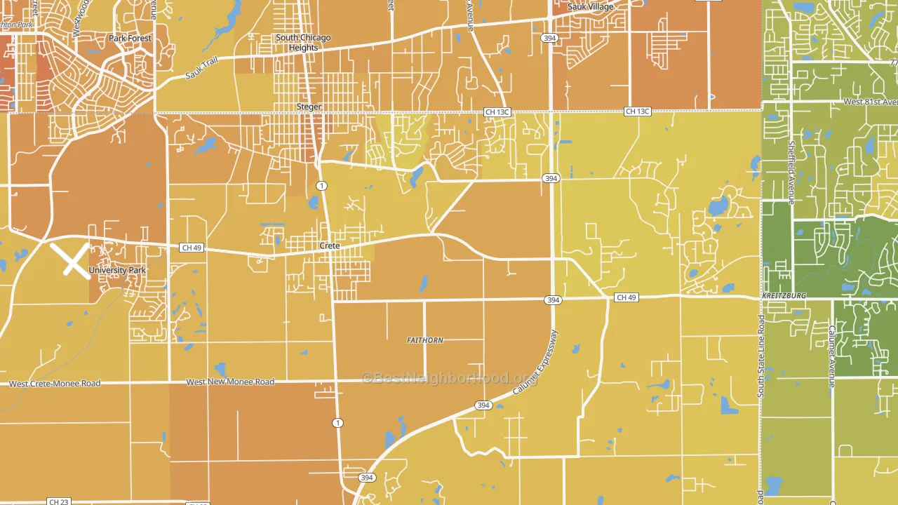 Map of the best neighborhoods in the 60417 area, with better matches in green and worse matches in red