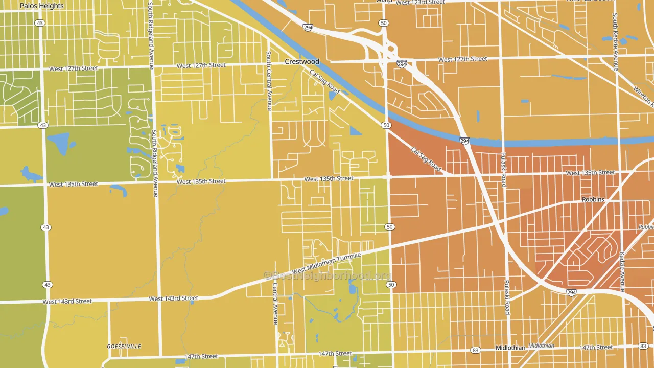 Map of the best neighborhoods in the 60418 area, with better matches in green and worse matches in red