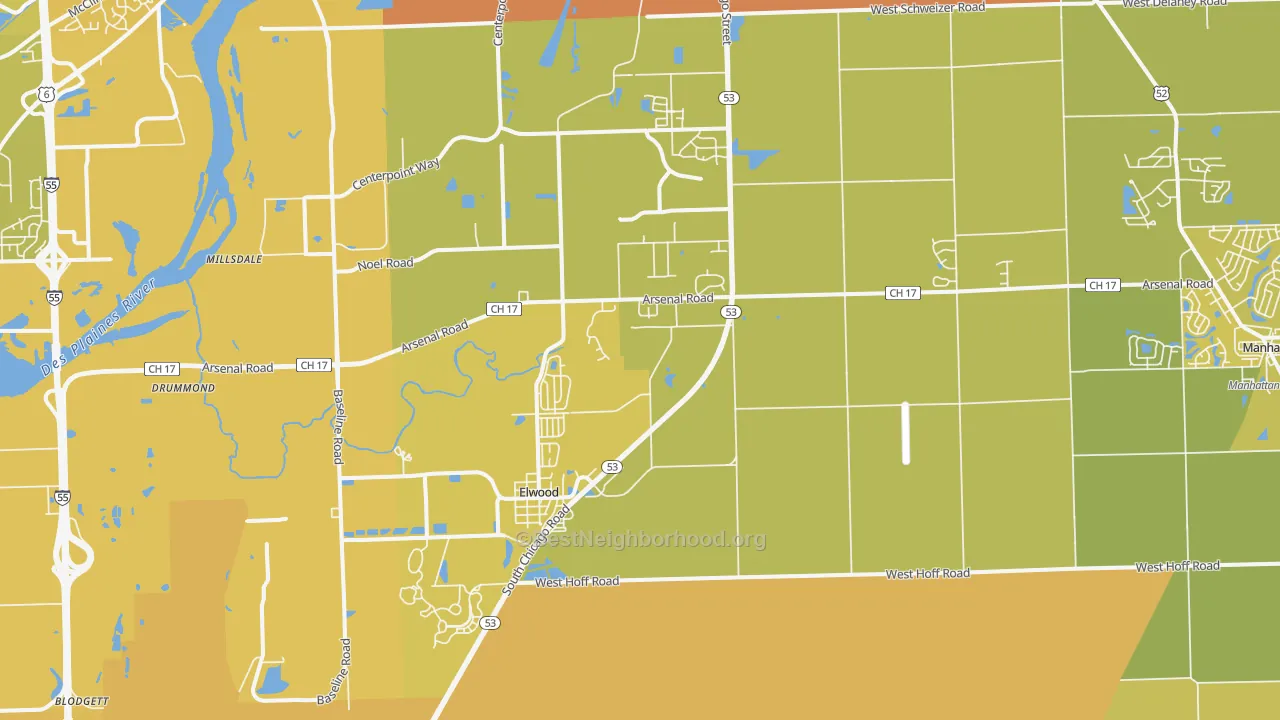 Map of the best neighborhoods in the 60421 area, with better matches in green and worse matches in red