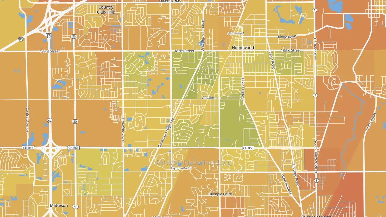 Map of the best neighborhoods in the 60422 area, with better matches in green and worse matches in red