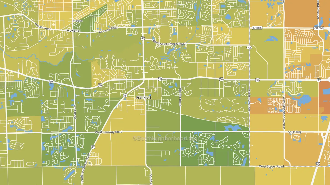 Map of the best neighborhoods in the 60423 area, with better matches in green and worse matches in red
