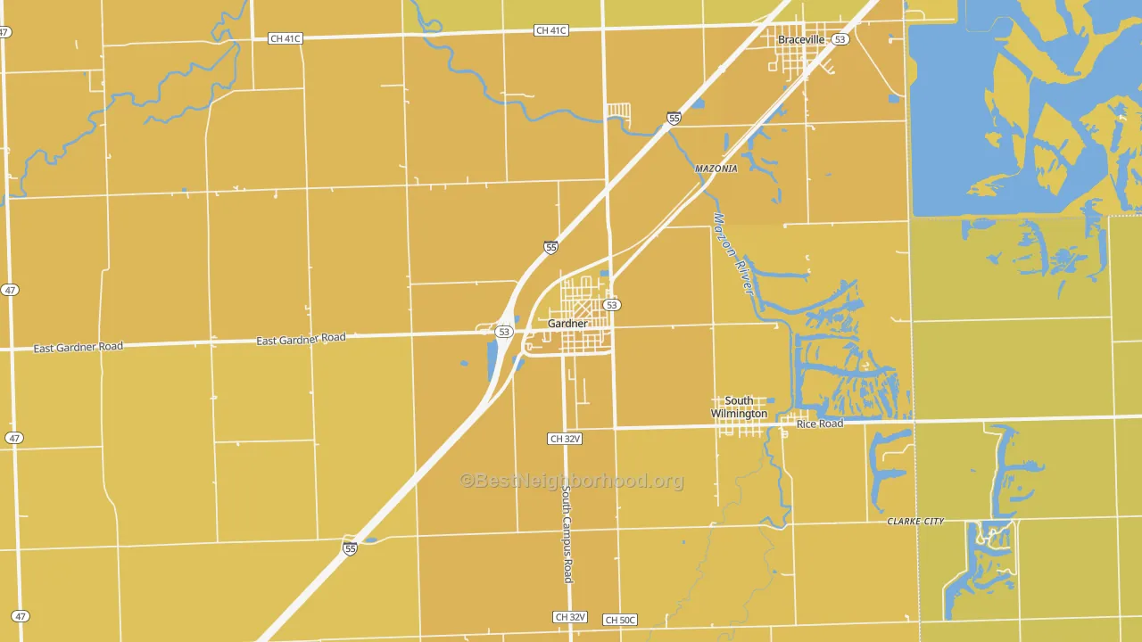 Map of the best neighborhoods in the 60424 area, with better matches in green and worse matches in red
