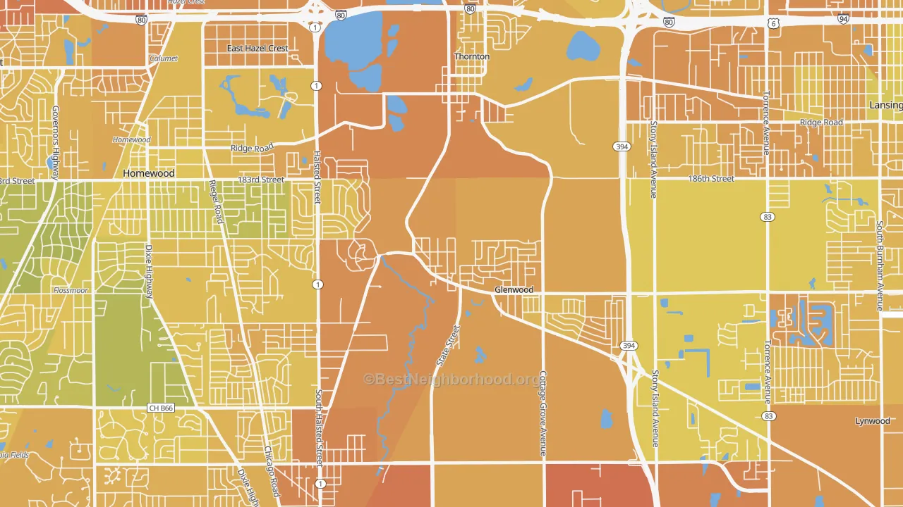 Map of the best neighborhoods in the 60425 area, with better matches in green and worse matches in red